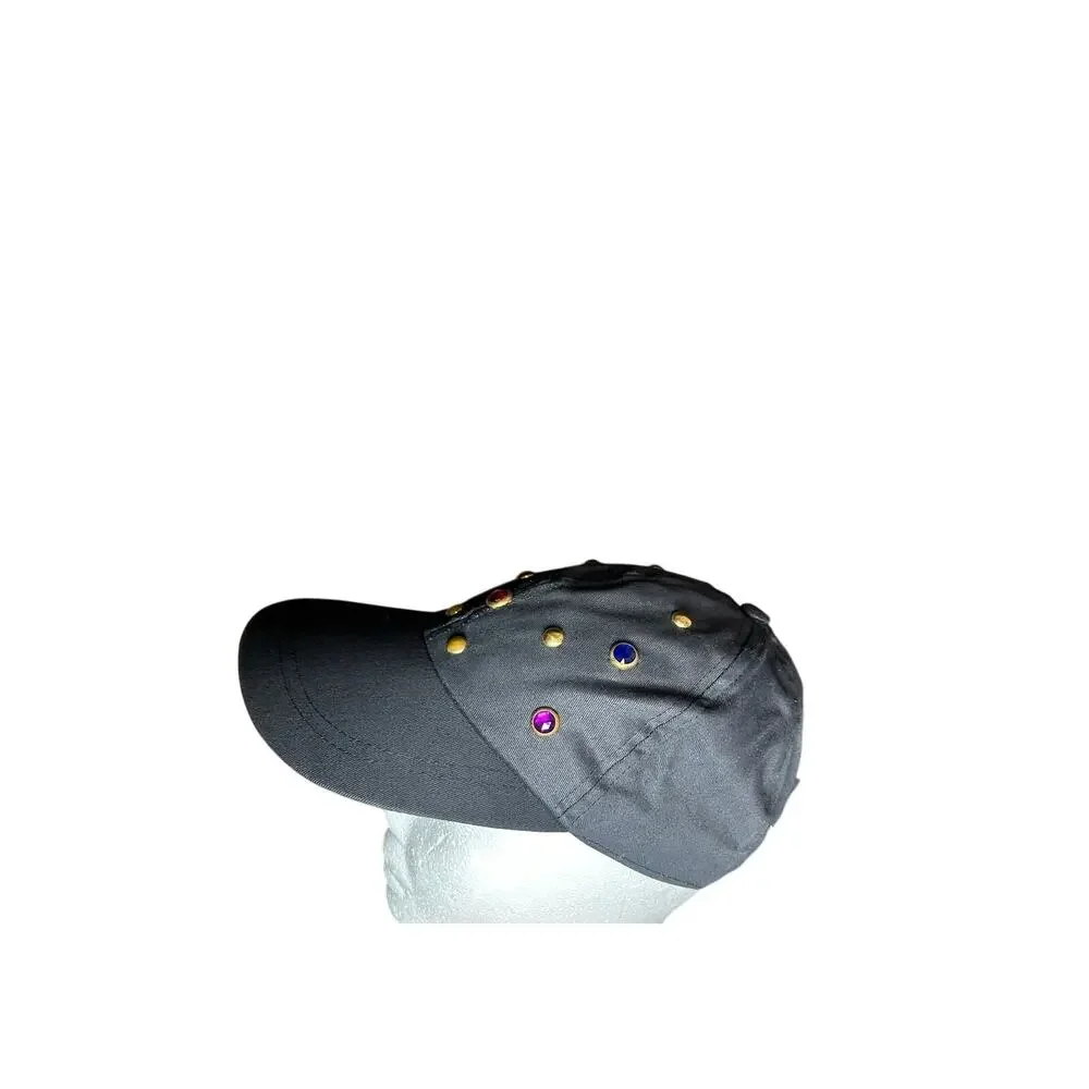 Vtg Black Studded Gemstone Unisex Hat 90s Streetwear cap- Black Gold Accents- OS - Picture 9 of 11